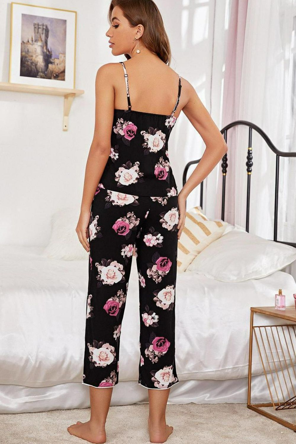 Floral V-Neck Cami and Cropped Pants Lounge Set sold by Back2Basics product image thumbnail 2