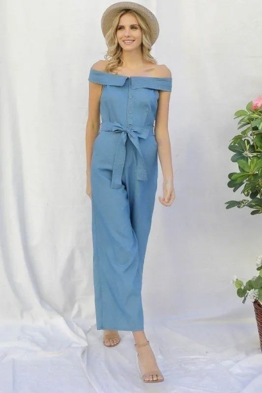 Fold-over Collar Detailed Button Down Off-shoulder Chambray Denim Wide Leg Palazzo Jumpsuit With Waist Tie sold by Back2Basics