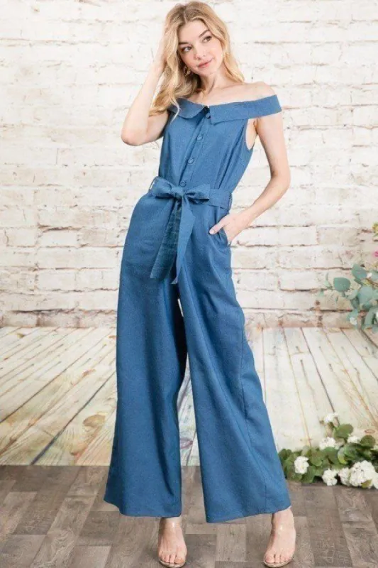 Fold-over Collar Detailed Button Down Off-shoulder Chambray Denim Wide Leg Palazzo Jumpsuit With Waist Tie sold by Back2Basics