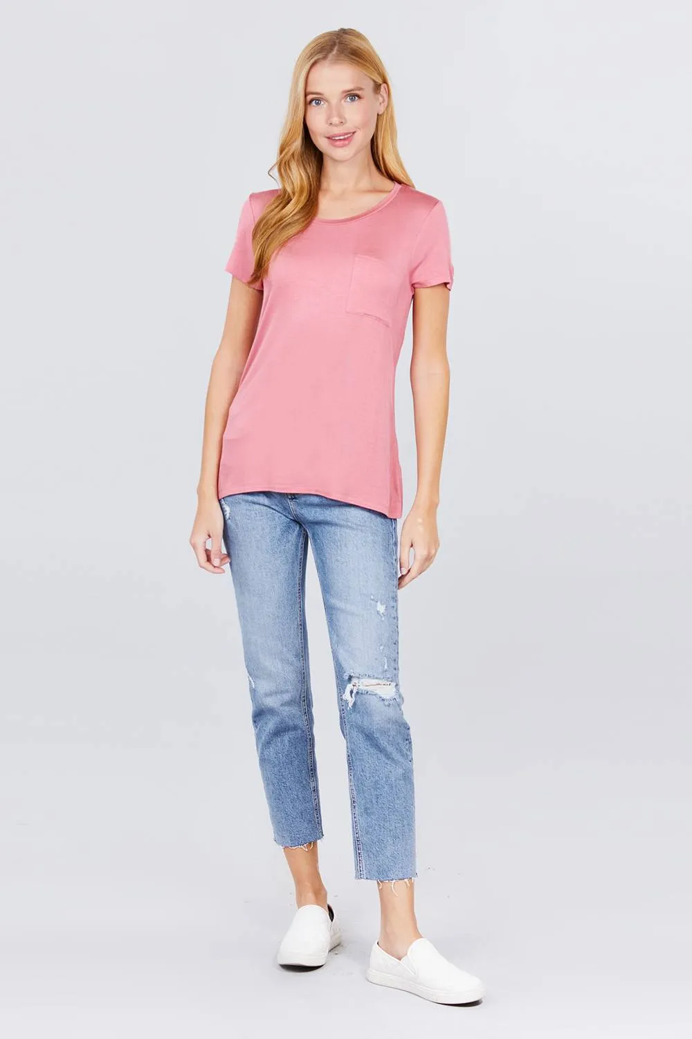 Short Sleeve Scoop Neck Top With Pocket sold by Back2Basics product image thumbnail 3