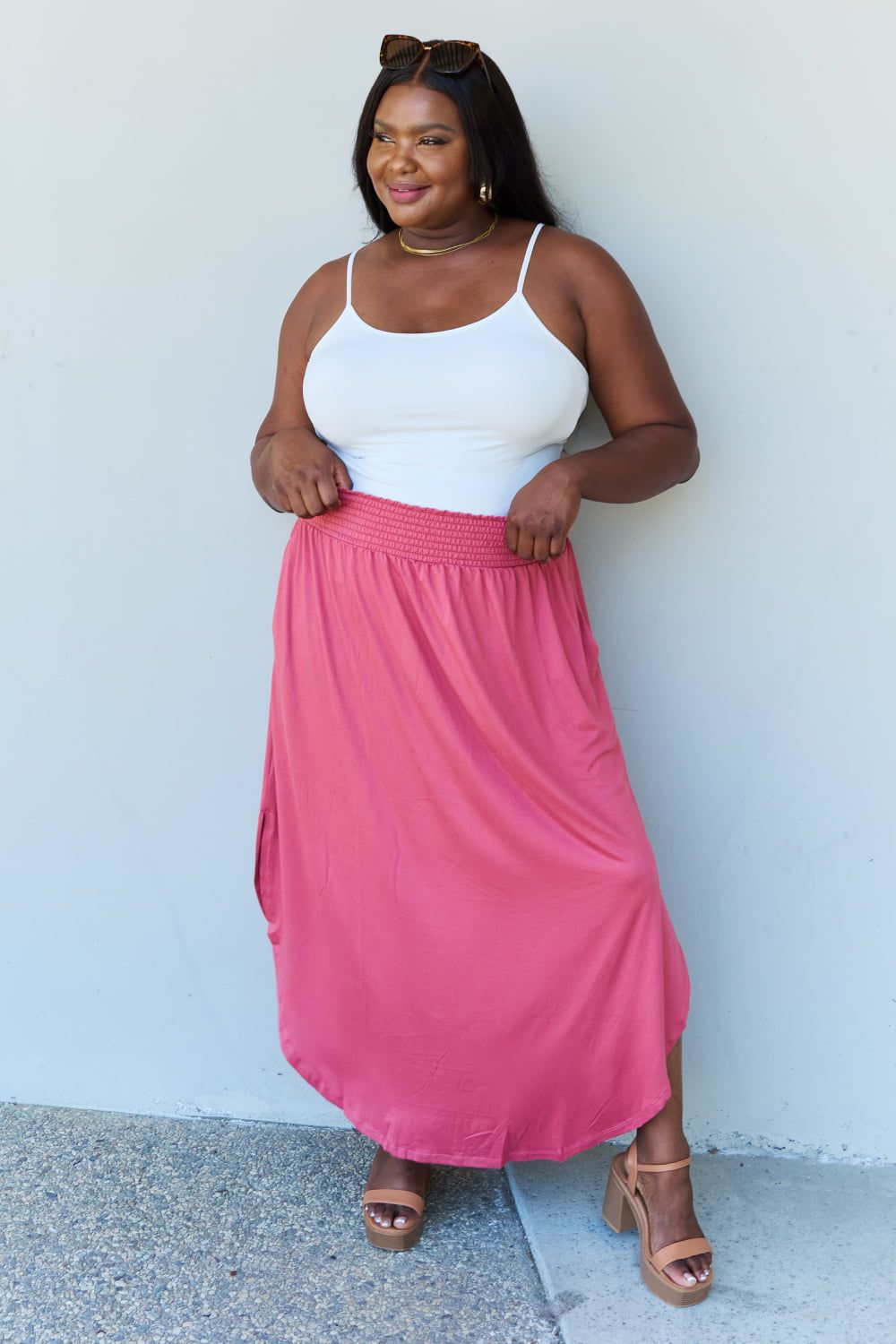 Doublju Comfort Princess Full Size High Waist Scoop Hem Maxi Skirt in Hot Pink sold by Back2Basics product image thumbnail 4
