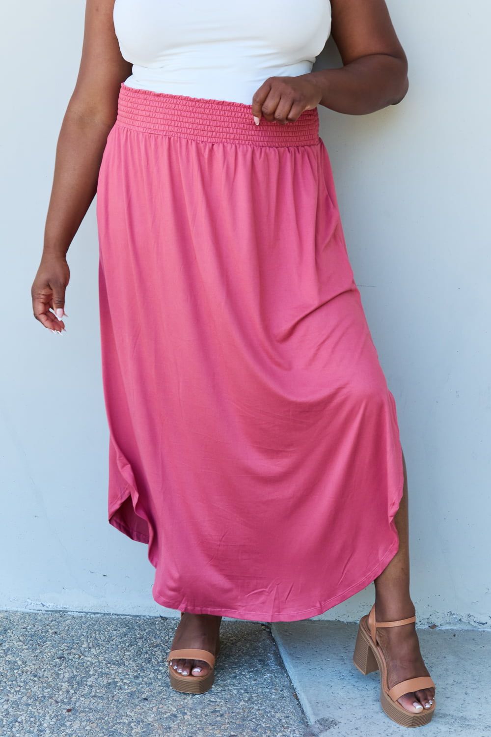 Doublju Comfort Princess Full Size High Waist Scoop Hem Maxi Skirt in Hot Pink sold by Back2Basics