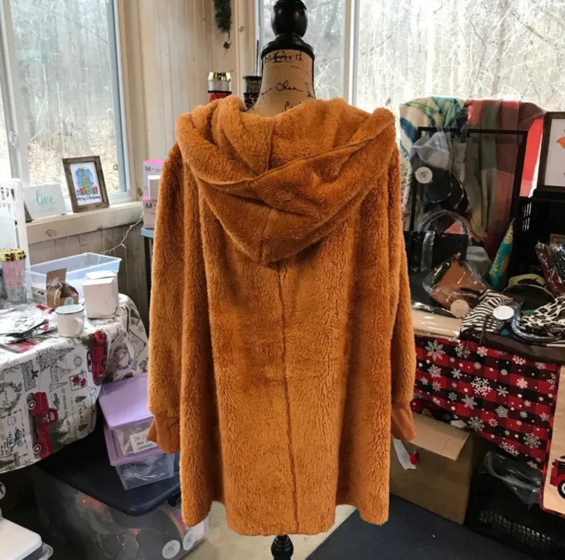 Mustard Hooded Open Sherpa Jacket sold by Back2Basics