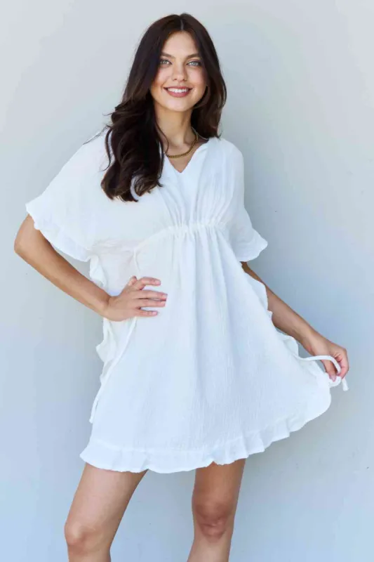 Ninexis Out Of Time Full Size Ruffle Hem Dress with Drawstring Waistband in White sold by Back2Basics