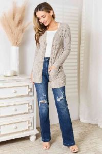 Double Take Ribbed Button-Up Cardigan with Pockets sold by Back2Basics