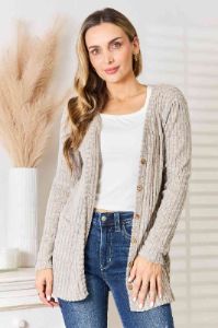 Double Take Ribbed Button-Up Cardigan with Pockets sold by Back2Basics