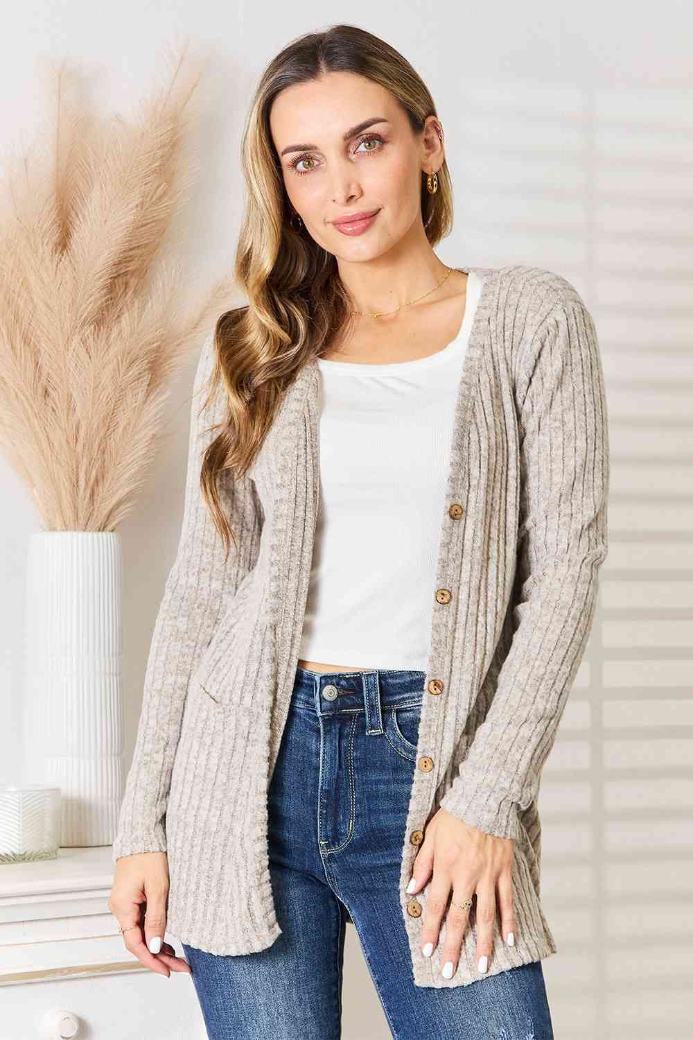 Double Take Ribbed Button-Up Cardigan with Pockets sold by Back2Basics