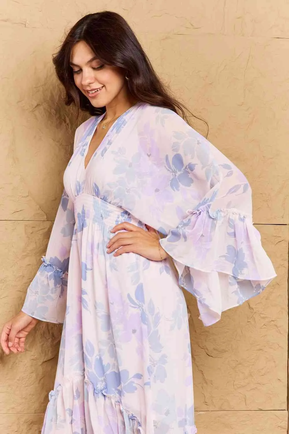 OneTheLand Take Me With You Floral Bell Sleeve Midi Dress in Blue sold by Back2Basics product image thumbnail 5