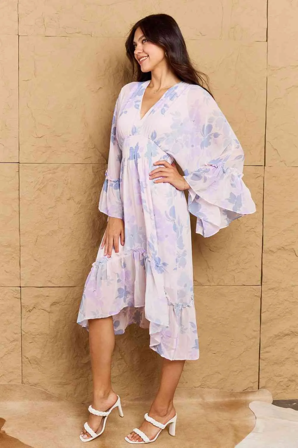 OneTheLand Take Me With You Floral Bell Sleeve Midi Dress in Blue sold by Back2Basics product image thumbnail 4