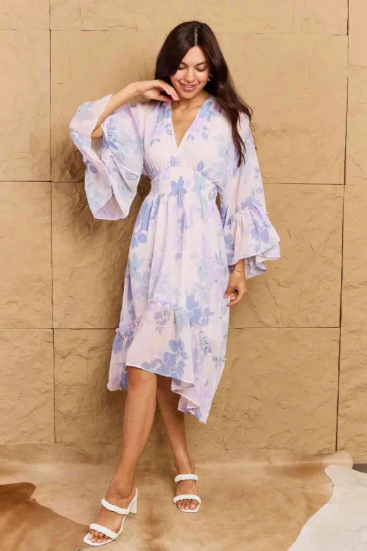 OneTheLand Take Me With You Floral Bell Sleeve Midi Dress in Blue sold by Back2Basics