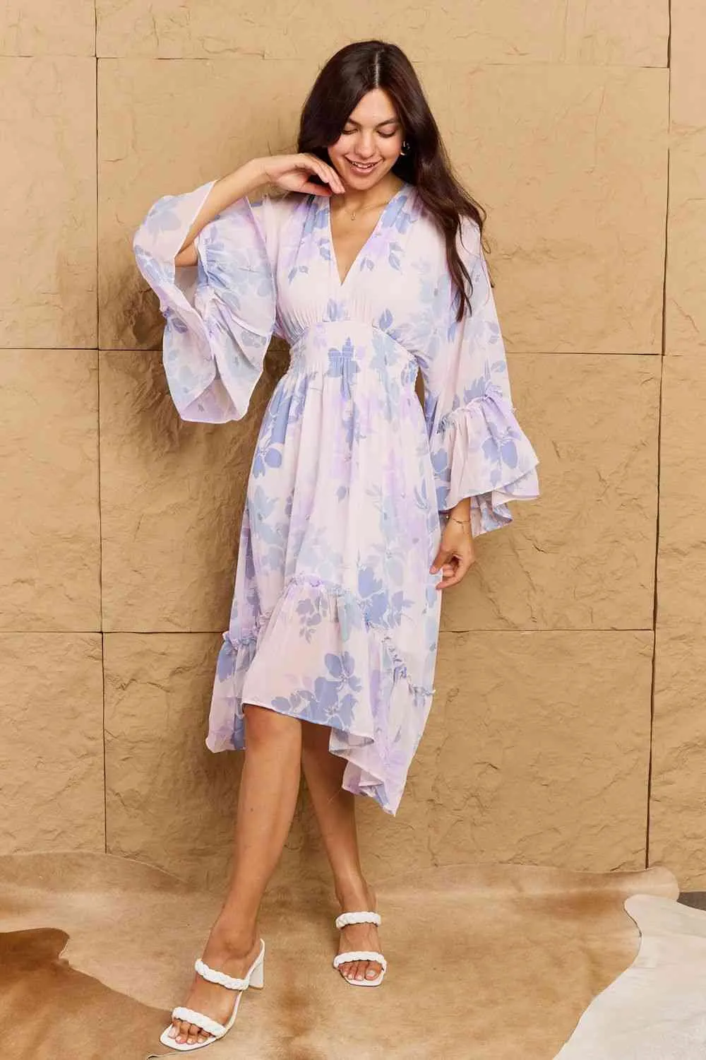 OneTheLand Take Me With You Floral Bell Sleeve Midi Dress in Blue sold by Back2Basics