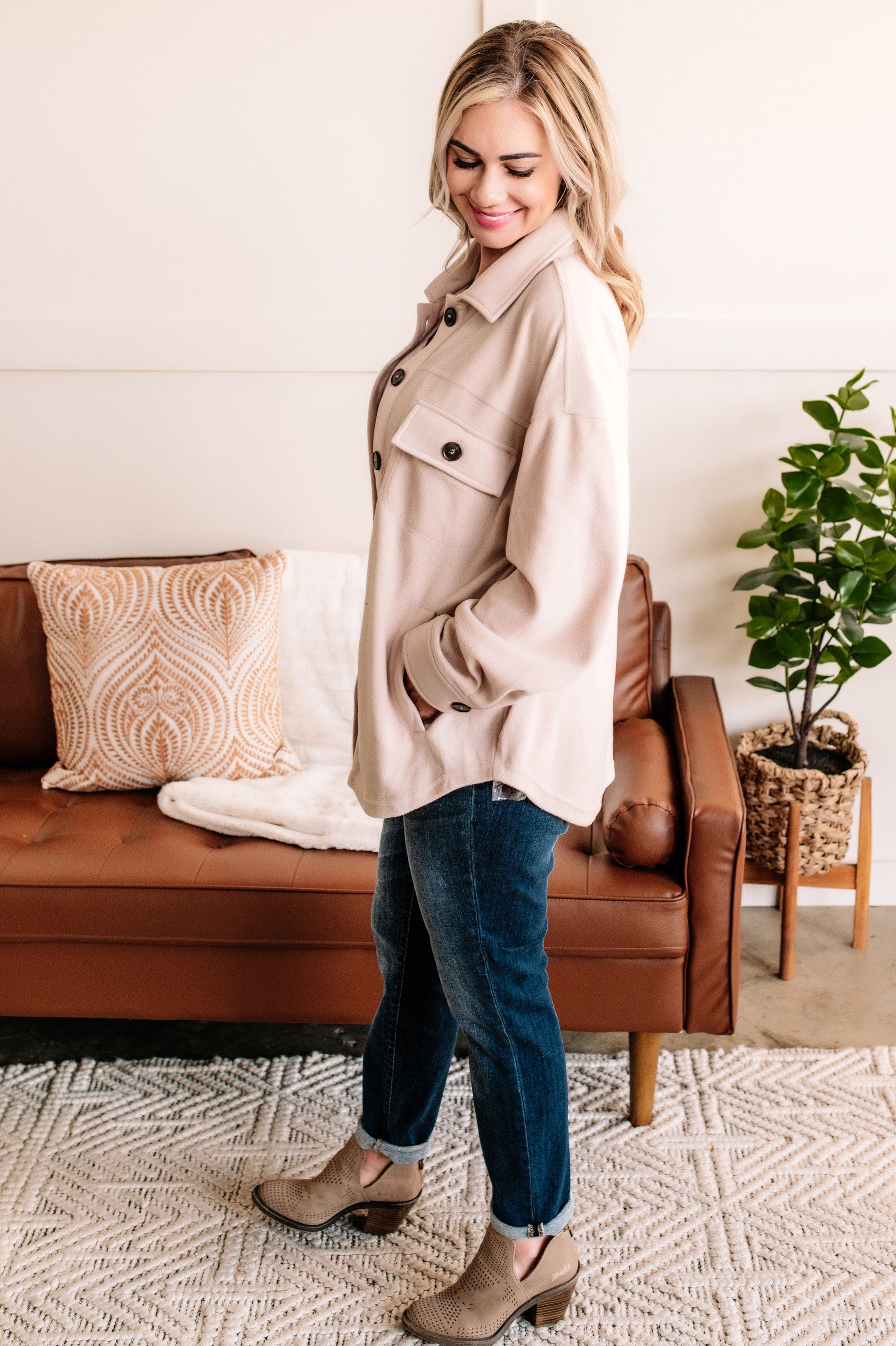 A Cozy Scheme Fleece Shacket In Toasted Marshmallow sold by Back2Basics product image thumbnail 6