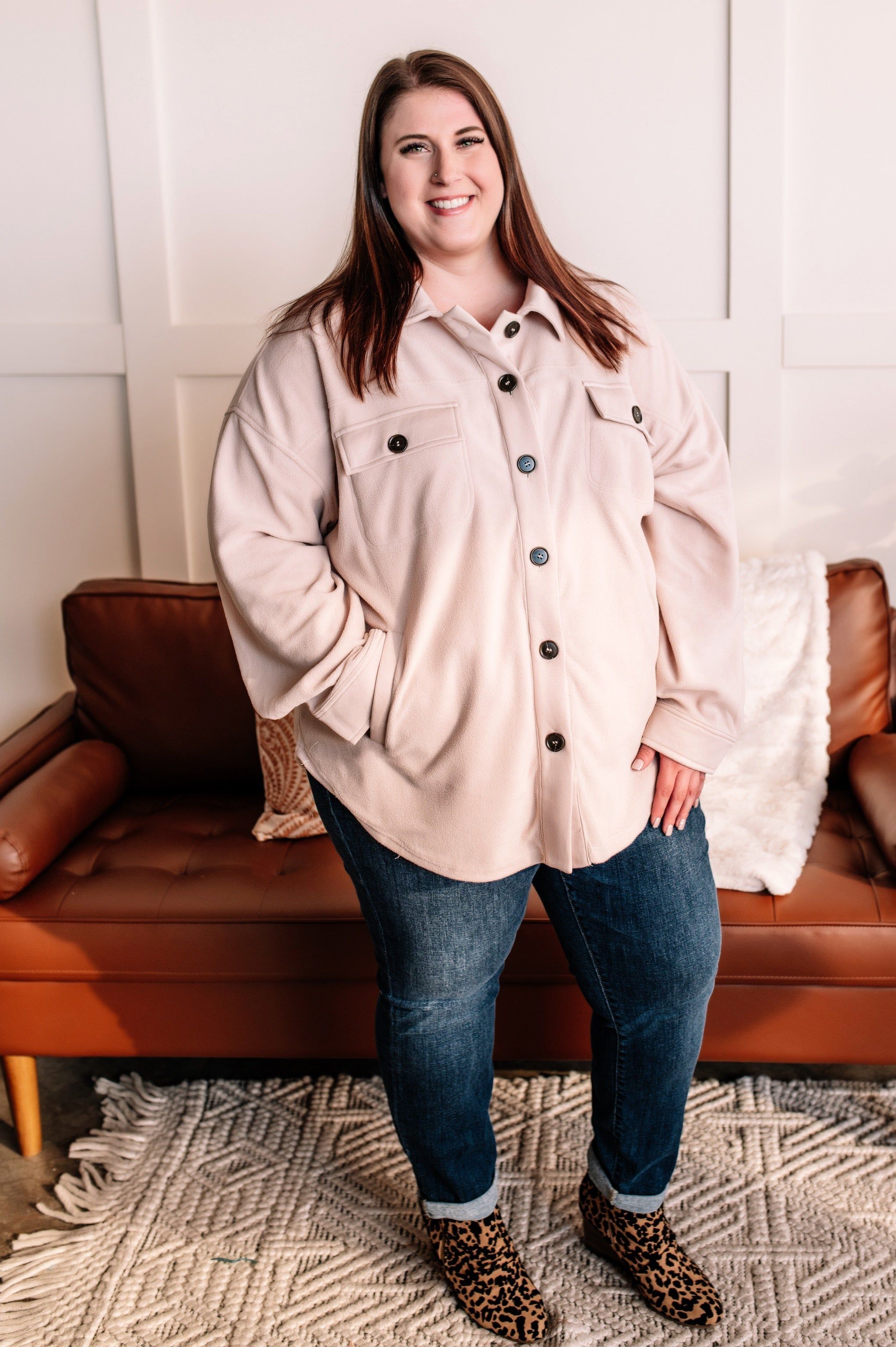 A Cozy Scheme Fleece Shacket In Toasted Marshmallow sold by Back2Basics product image thumbnail 2