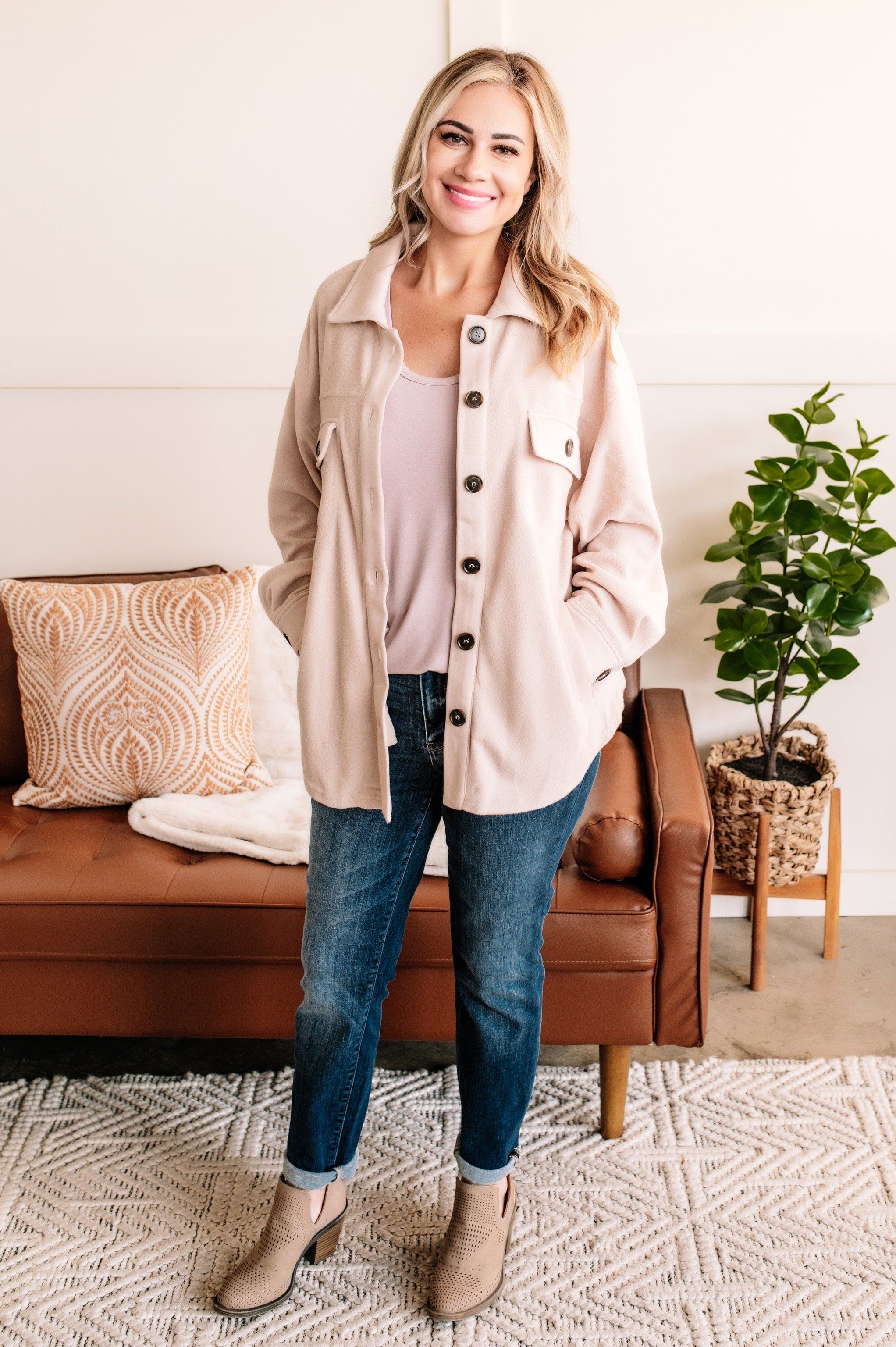 A Cozy Scheme Fleece Shacket In Toasted Marshmallow sold by Back2Basics product image thumbnail 5