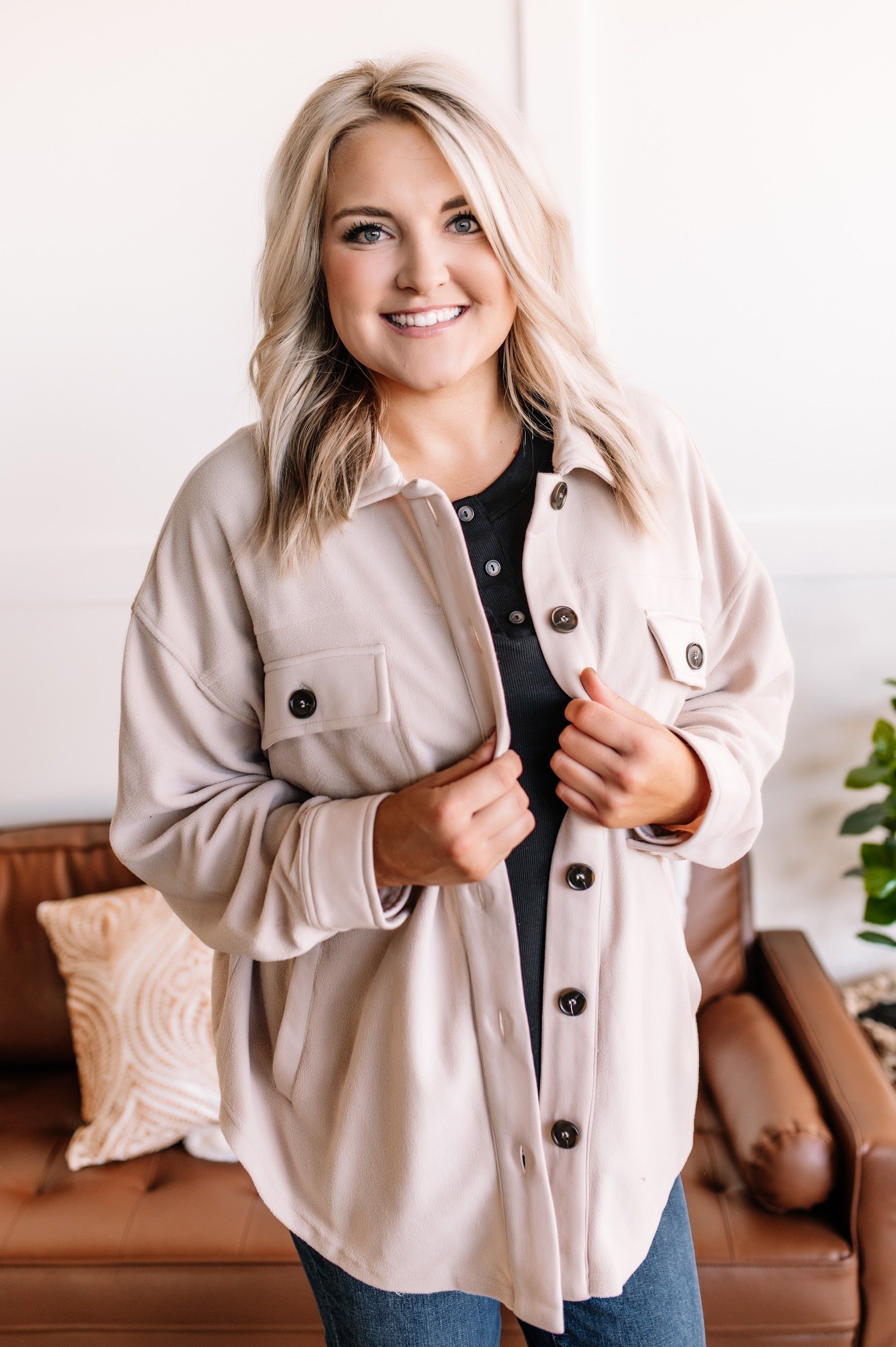 A Cozy Scheme Fleece Shacket In Toasted Marshmallow sold by Back2Basics