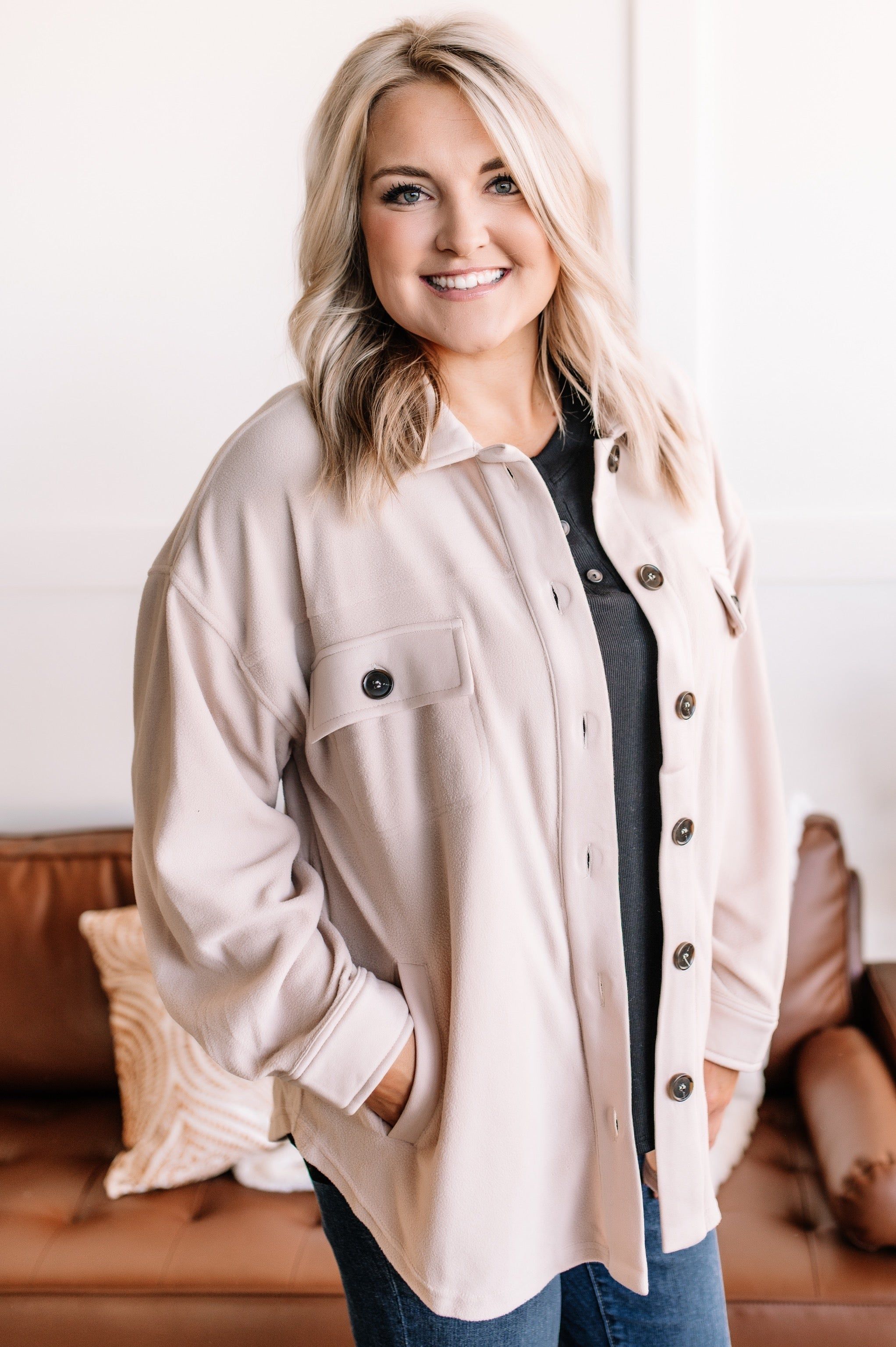 A Cozy Scheme Fleece Shacket In Toasted Marshmallow sold by Back2Basics product image thumbnail 4