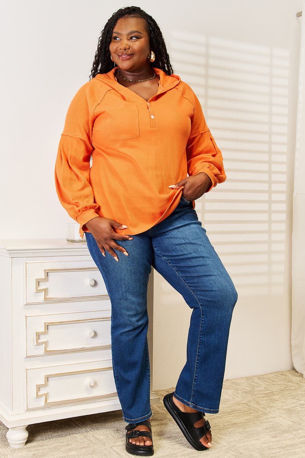 Basic Bae Side Slit Buttoned Waffle Knit Hoodie sold by Back2Basics product image thumbnail 5