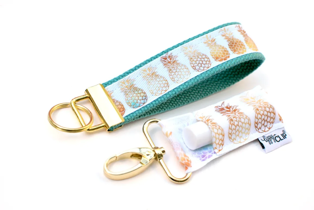 LippyClip® Keychain - Gold Pineapples - Aqua Wristlet sold by Back2Basics