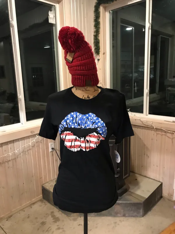 USA Flag Lips Short Sleeve Tee sold by Back2Basics