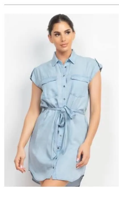 Sleeveless Button Down Denim Dress With Belt sold by Back2Basics
