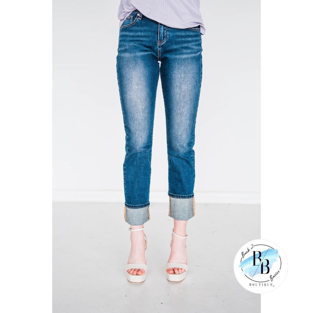 Mid-Rise Non-distressed Dark Wash Boyfriend Jeans with Lycra sold by Back2Basics product image thumbnail 2