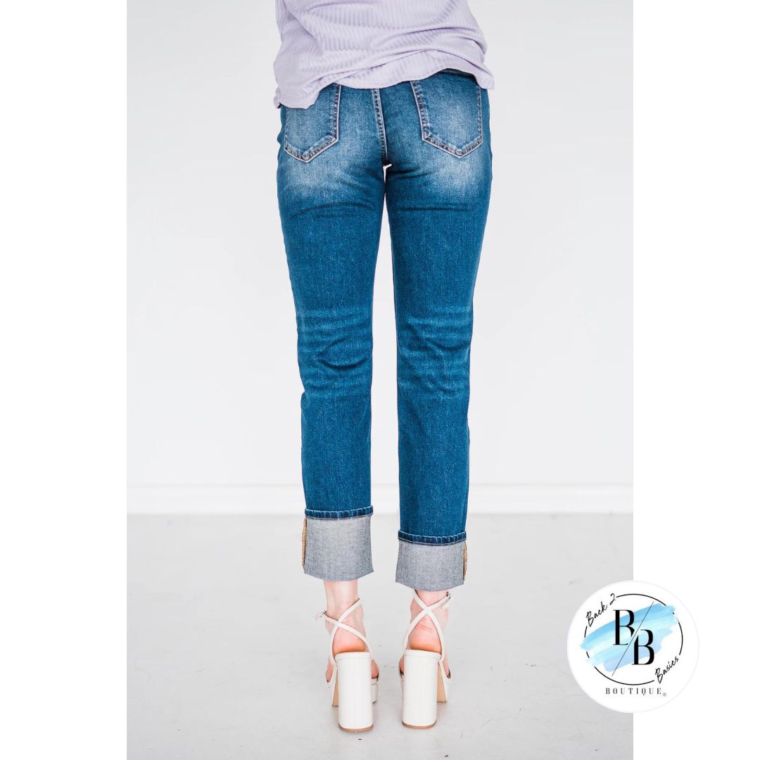 Mid-Rise Non-distressed Dark Wash Boyfriend Jeans with Lycra sold by Back2Basics product image thumbnail 4