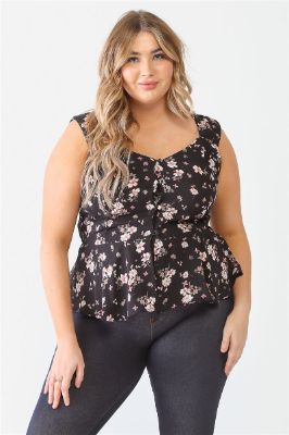 Plus Floral Button-up Sleeveless Flare Hem Top sold by Back2Basics