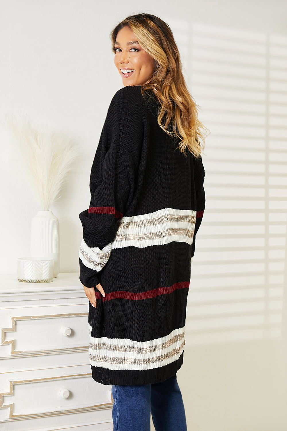 Double Take Striped Rib-Knit Drop Shoulder Open Front Cardigan sold by Back2Basics product image thumbnail 2