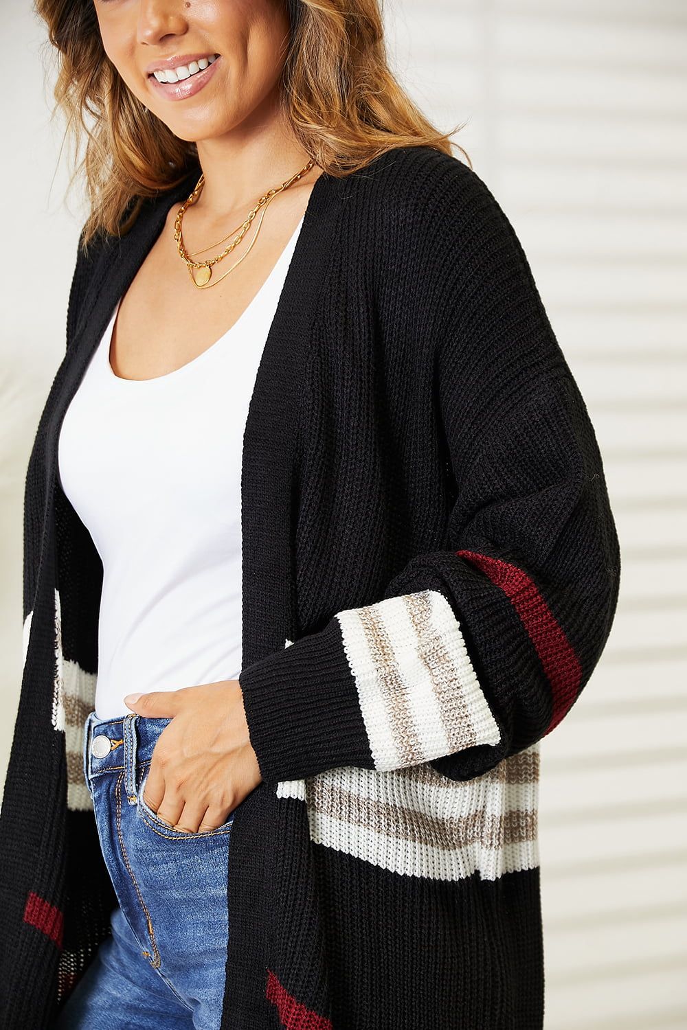 Double Take Striped Rib-Knit Drop Shoulder Open Front Cardigan sold by Back2Basics product image thumbnail 4