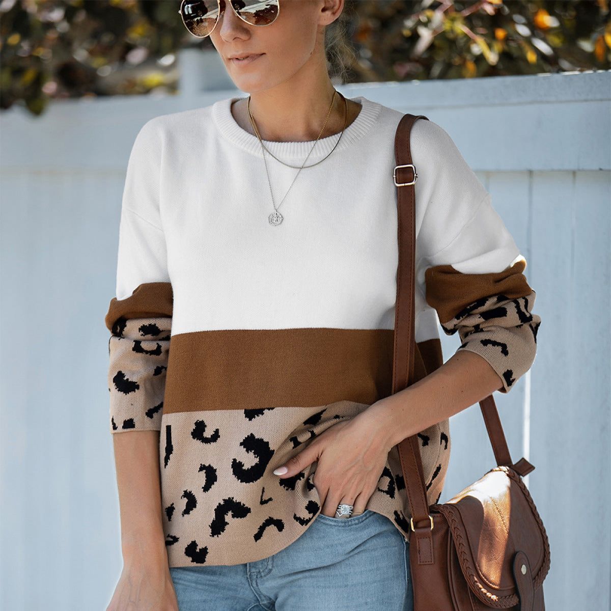 Round Neck Long Sleeve Contrasting Leopard Sweater sold by Back2Basics product image thumbnail 3