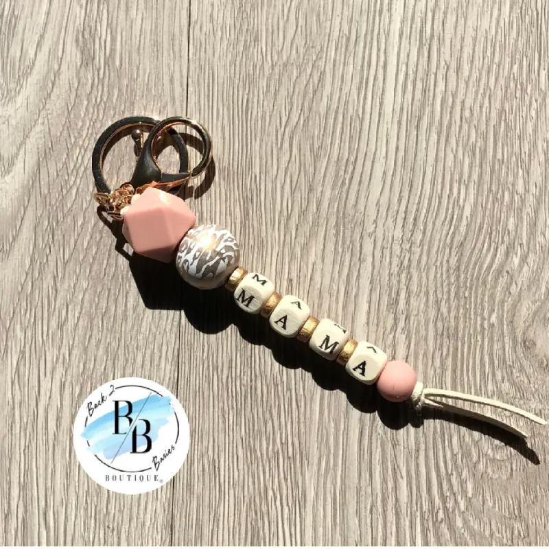 White Leopard Beaded Mama Tassel Keychain sold by Back2Basics