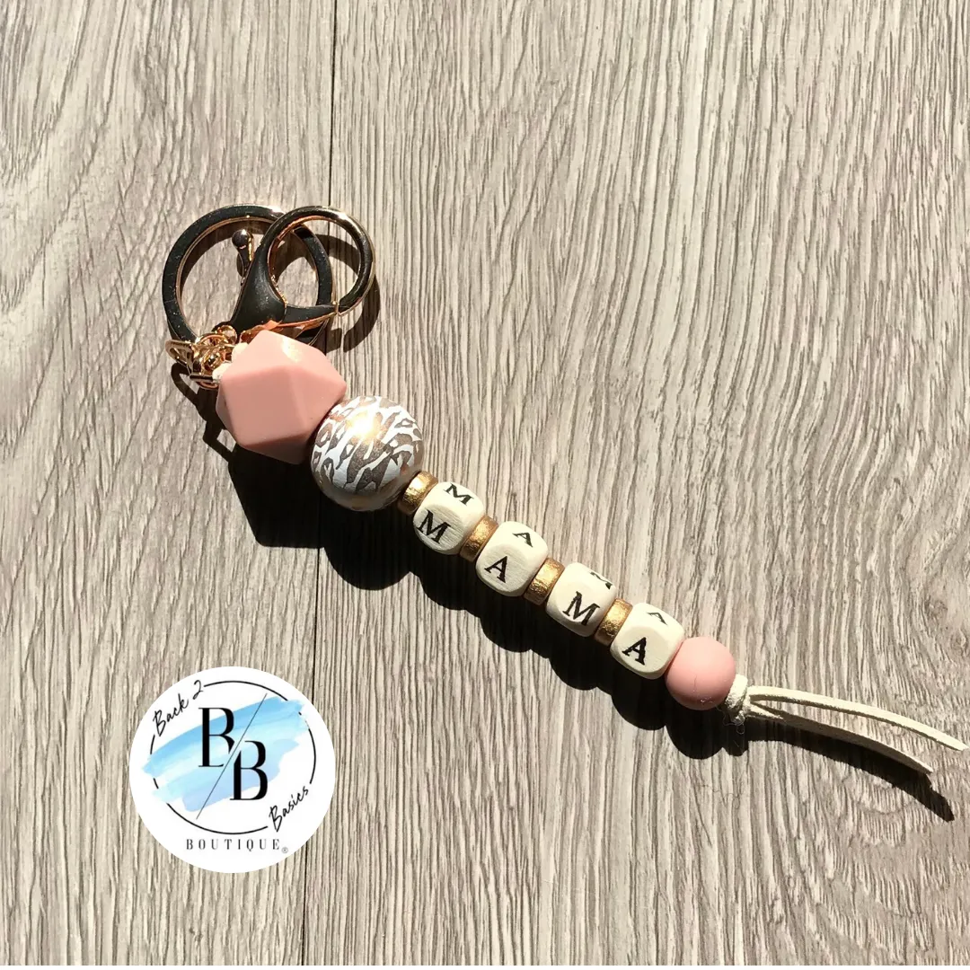 White Leopard Beaded Mama Tassel Keychain sold by Back2Basics