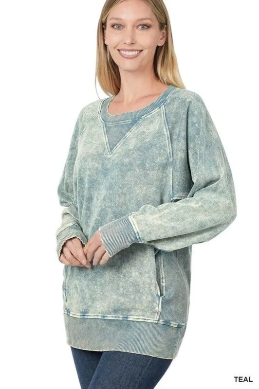 Acid Wash Round Neck Pullover With Pockets sold by Back2Basics