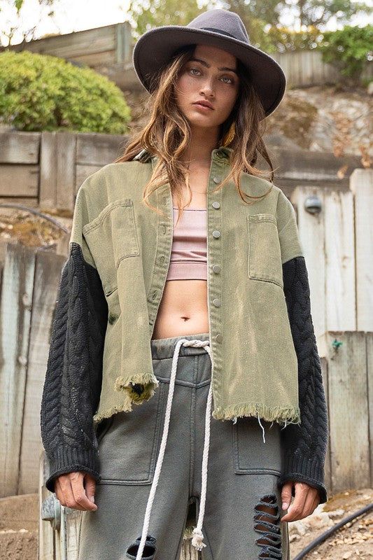 Contrast Sweater Sleeve Button Down Shacket sold by Back2Basics product image thumbnail 2
