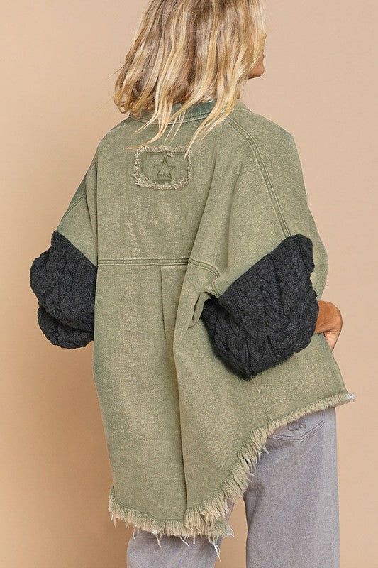 Contrast Sweater Sleeve Button Down Shacket sold by Back2Basics product image thumbnail 3