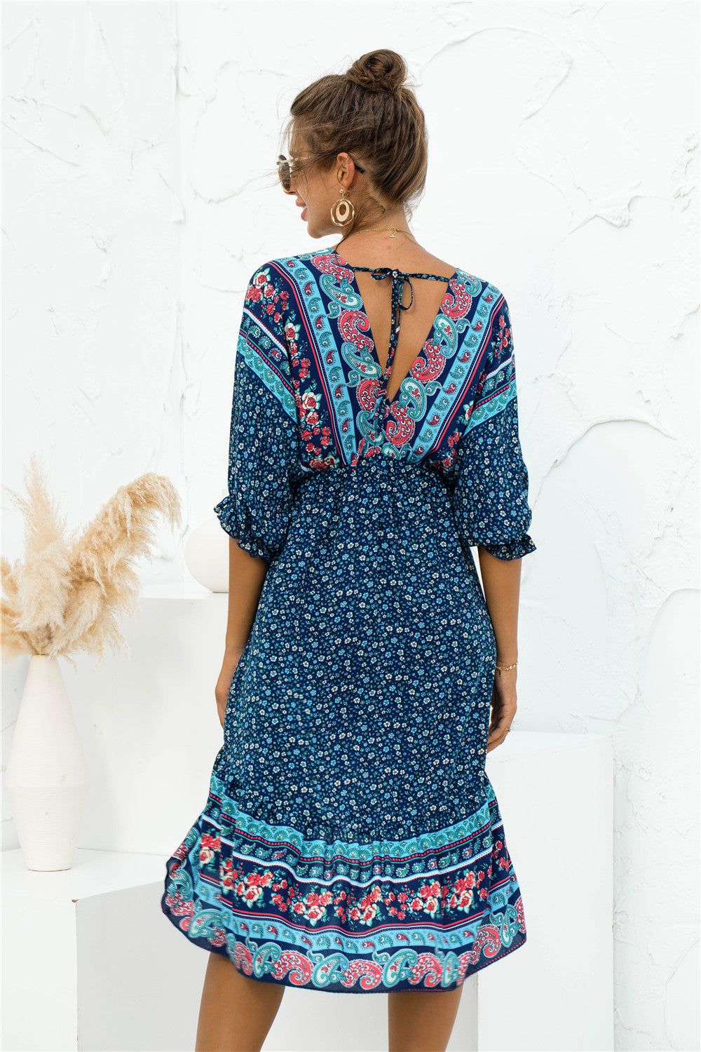 Printed Bohemian V Neck Dress sold by Back2Basics product image thumbnail 6