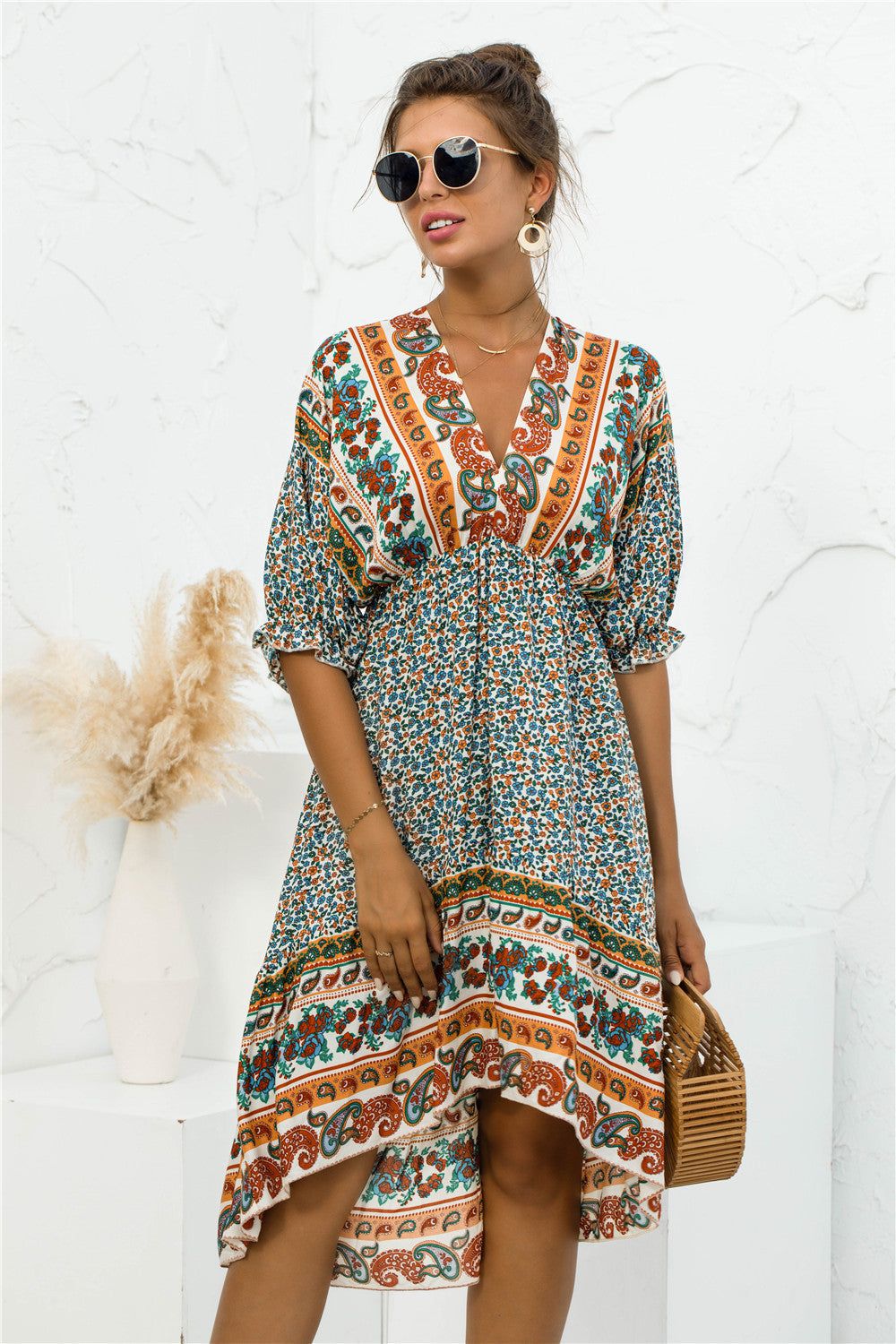 Printed Bohemian V Neck Dress sold by Back2Basics product image thumbnail 3