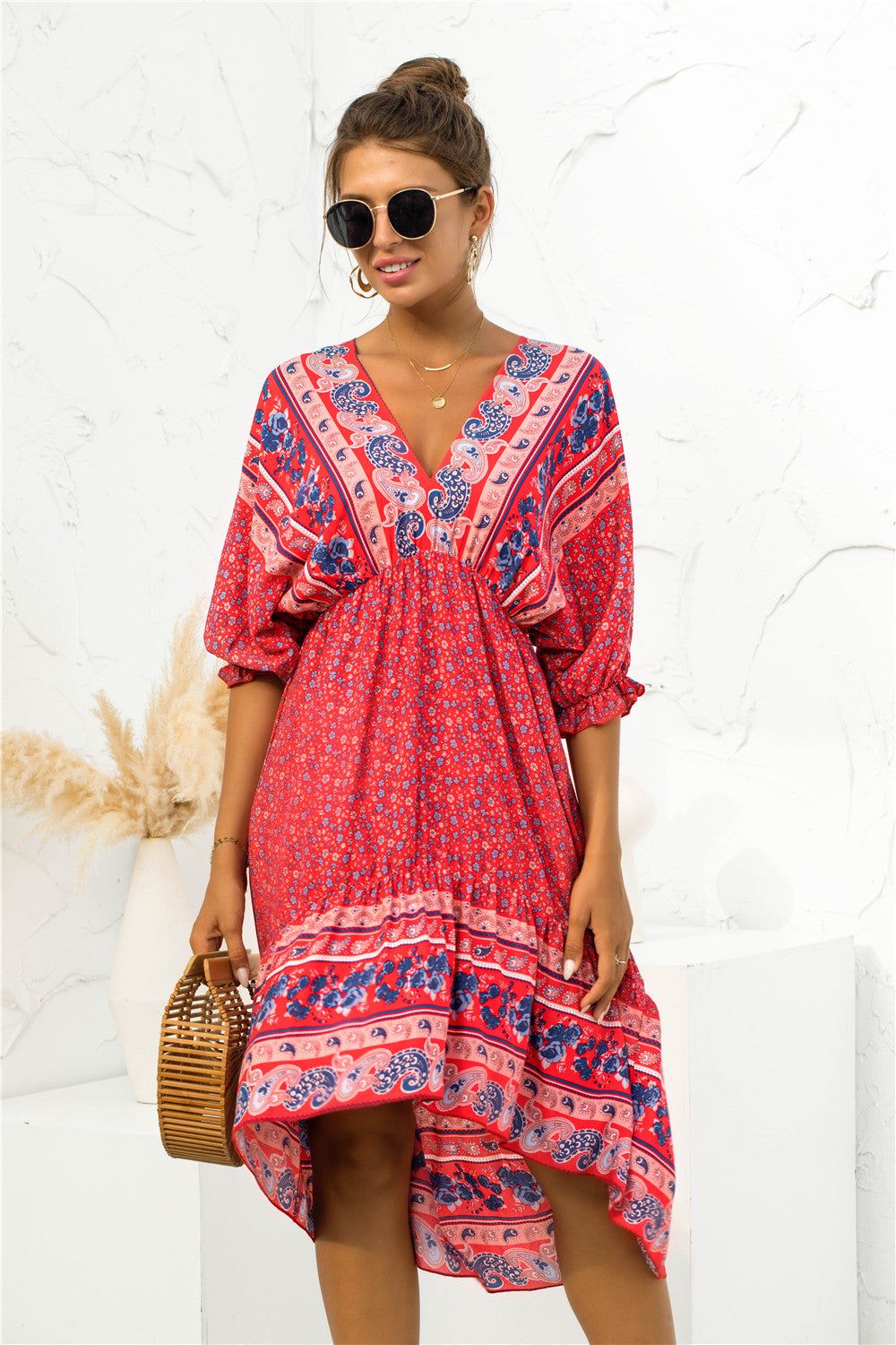 Printed Bohemian V Neck Dress sold by Back2Basics