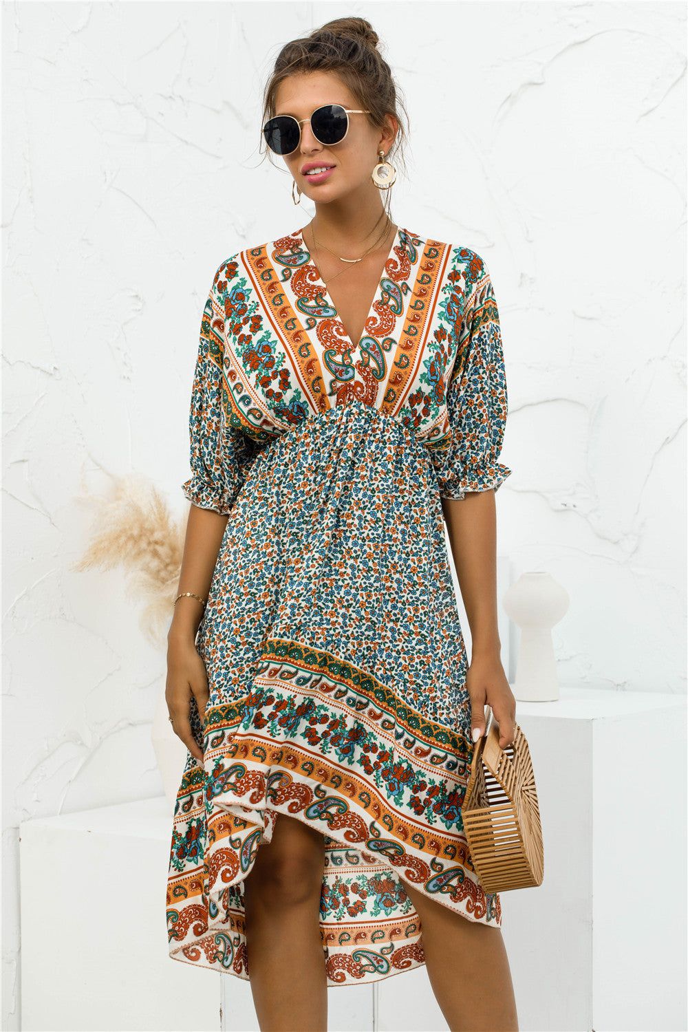 Printed Bohemian V Neck Dress sold by Back2Basics product image thumbnail 4