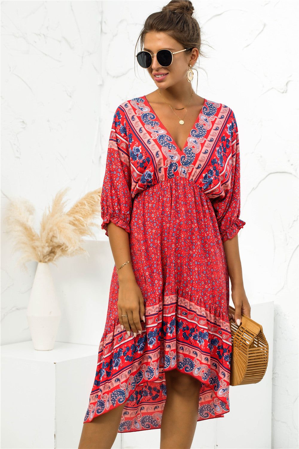 Printed Bohemian V Neck Dress sold by Back2Basics product image thumbnail 2