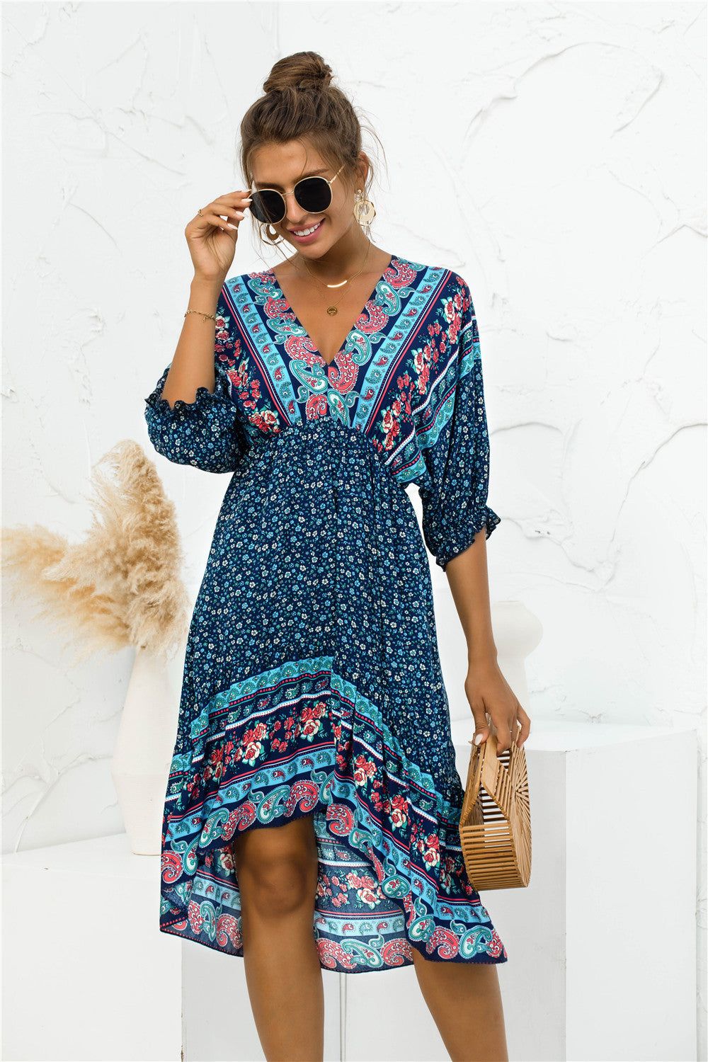 Printed Bohemian V Neck Dress sold by Back2Basics product image thumbnail 5