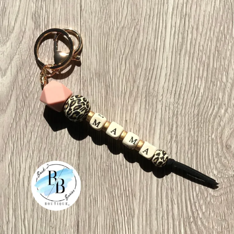 Black Leopard Beaded Mama Tassel Keychain sold by Back2Basics