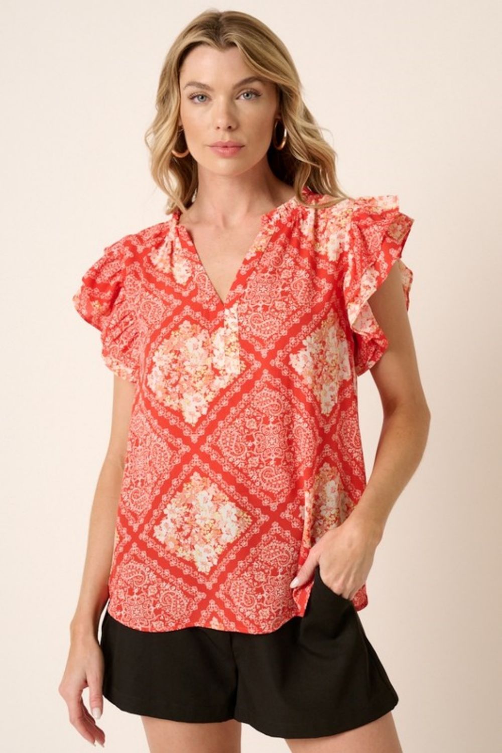 Mittoshop Full Size Printed Butterfly Sleeve Blouse sold by Back2Basics