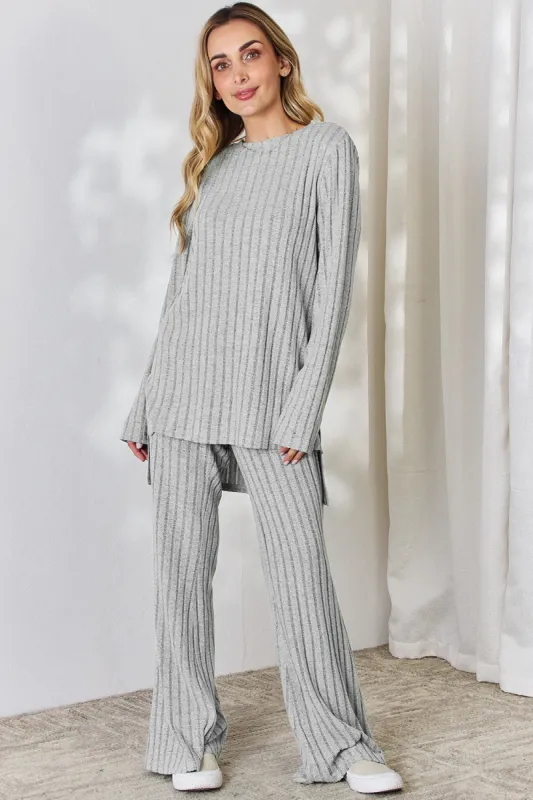 Basic Bae Full Size Ribbed High-Low Top and Wide Leg Pants Set sold by Back2Basics