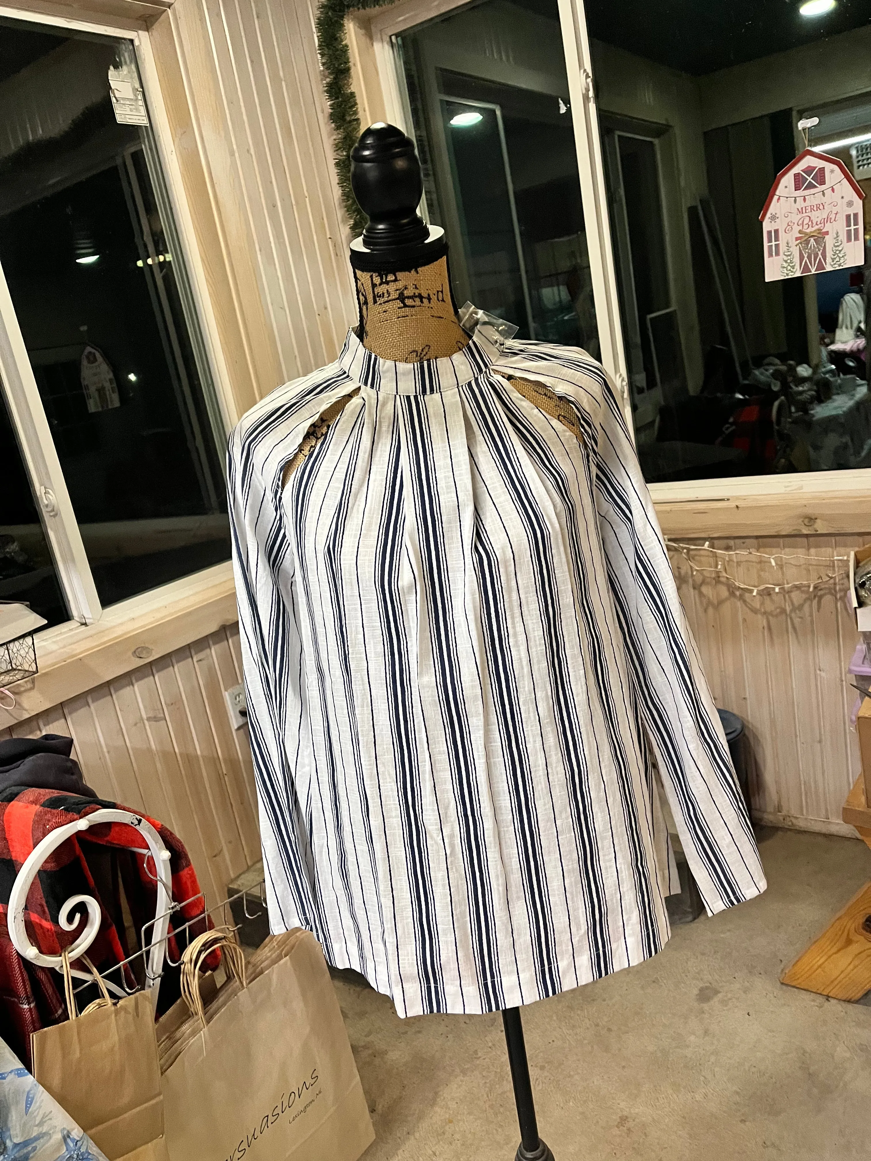 Rayon Blue White Striped Long Sleeve Blouse sold by Back2Basics