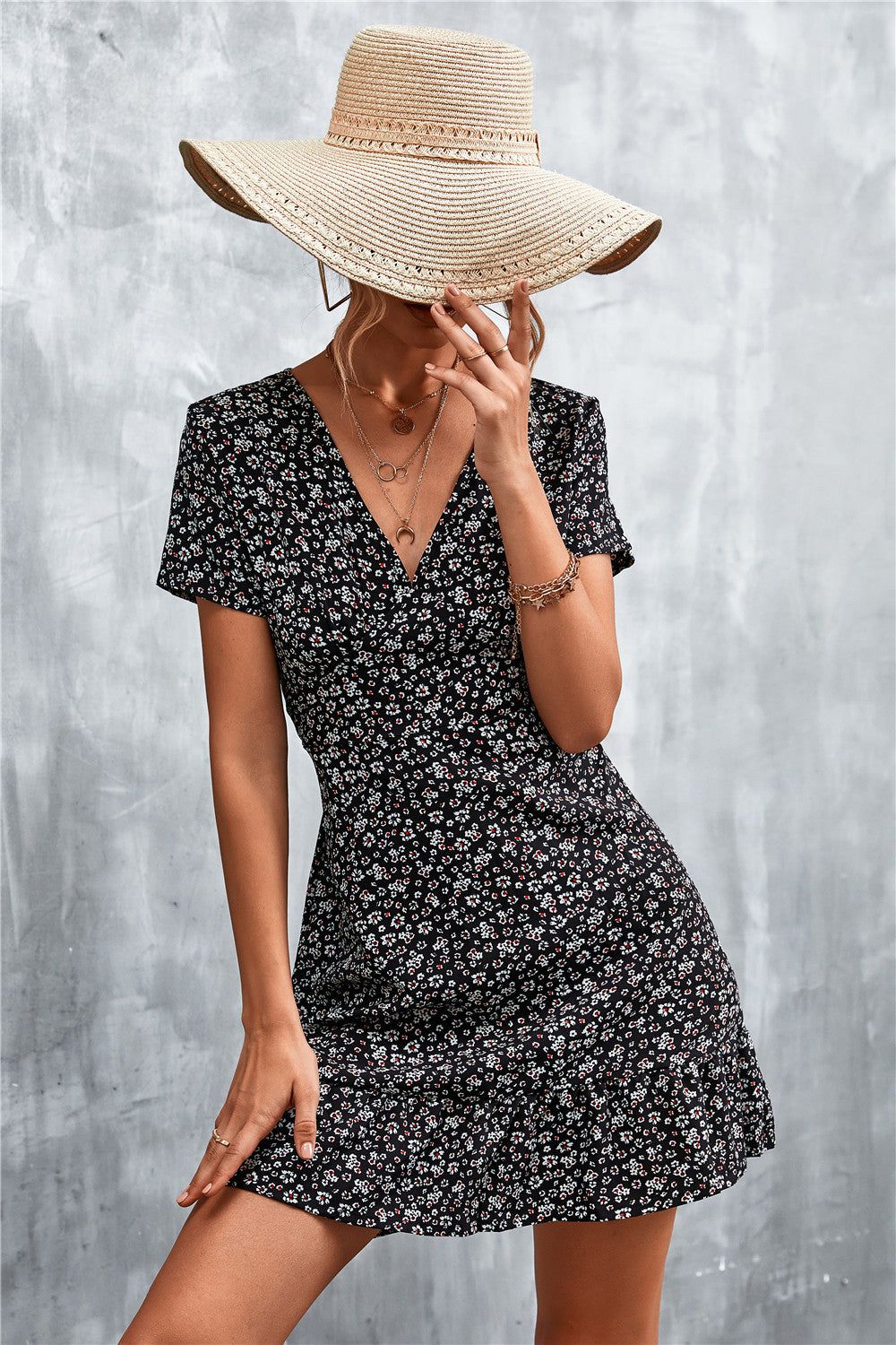 Ditsy Floral V-Neck Short Sleeve Dress sold by Back2Basics product image thumbnail 7