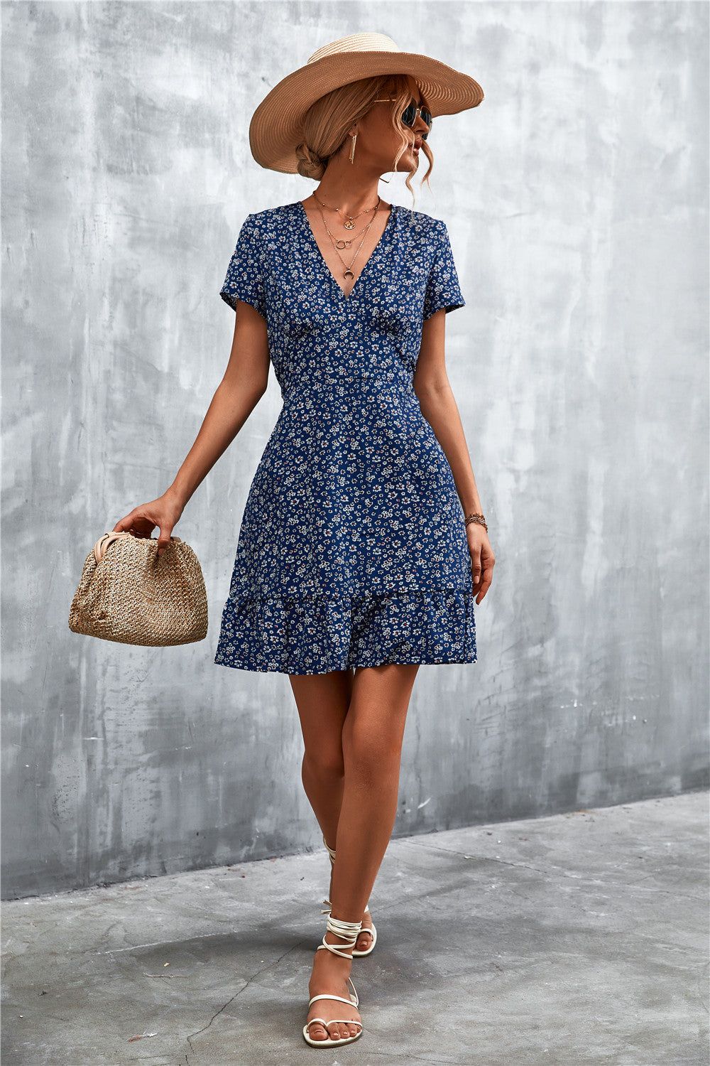 Ditsy Floral V-Neck Short Sleeve Dress sold by Back2Basics product image thumbnail 4