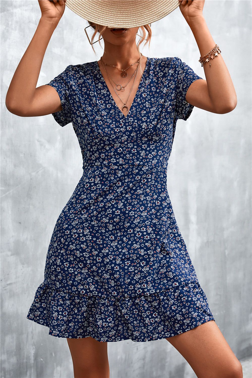 Ditsy Floral V-Neck Short Sleeve Dress sold by Back2Basics