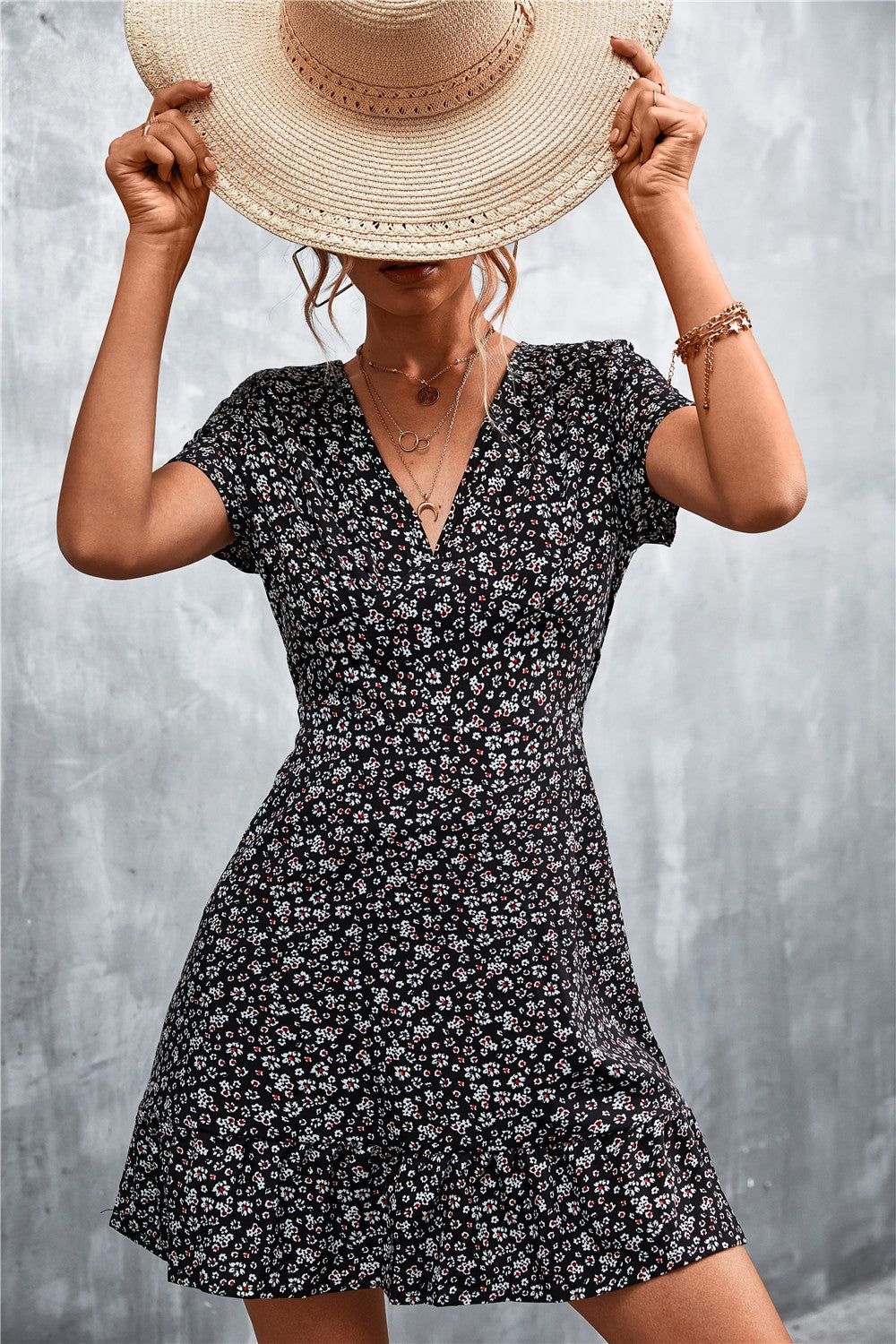 Ditsy Floral V-Neck Short Sleeve Dress sold by Back2Basics product image thumbnail 6