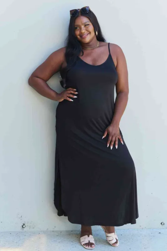 Ninexis Good Energy Full Size Cami Side Slit Maxi Dress in Black sold by Back2Basics